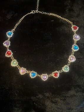 Multicolor Heart Crystal Choker Necklace - Gold Tone